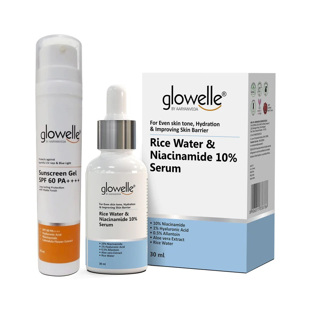 Aaryanveda Sunscreen Gel SPF 60 PA++++ And Glowelle Rice Water & Niacinamide 10% Serum