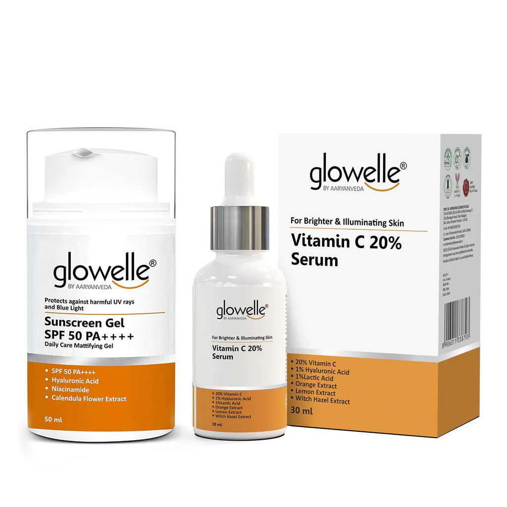 Aaryanveda Sunscreen Gel SPF 50 PA++++ And Glowelle Vitamin C 20% Serum Combo